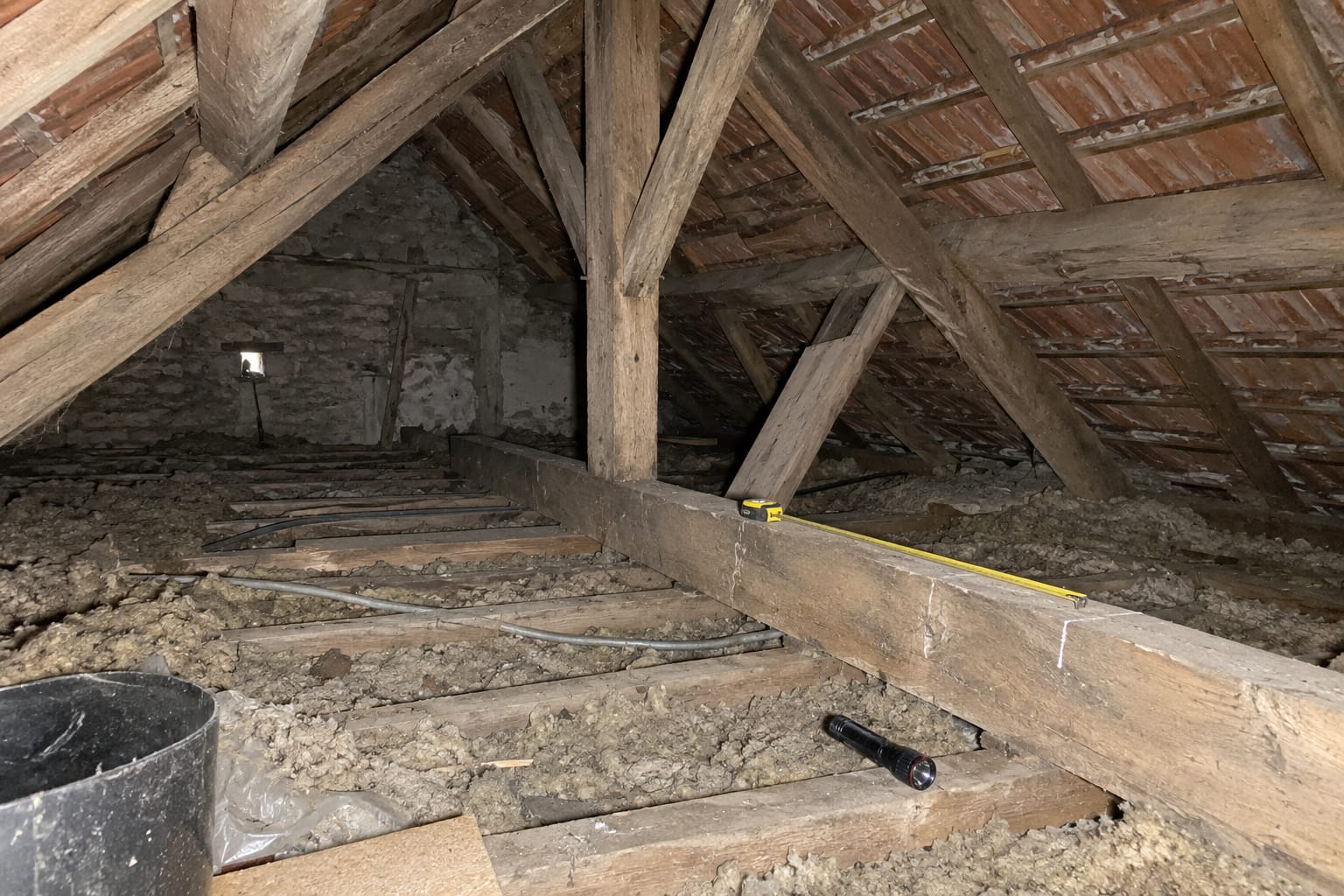 Combles anciens, poutres marquées à la craie et un mètre ruban déroulé le long d’une panne.